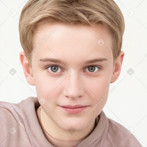 Joyful white child female with short  brown hair and brown eyes