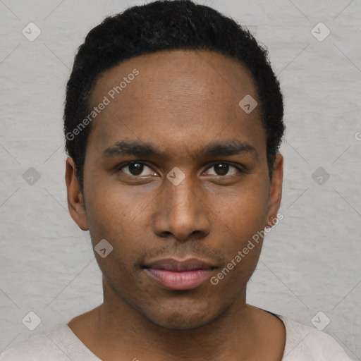 Neutral black young-adult male with short  black hair and brown eyes
