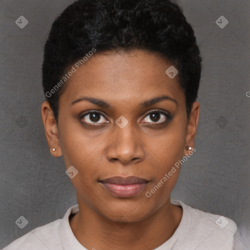 Neutral black young-adult female with short  black hair and brown eyes