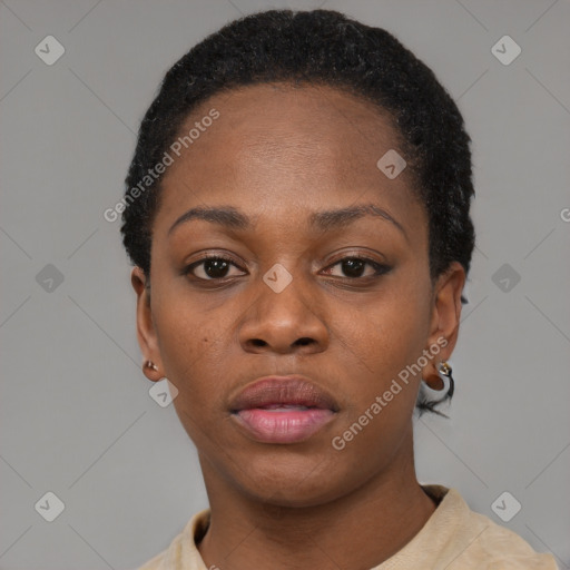 Neutral black young-adult female with short  black hair and brown eyes