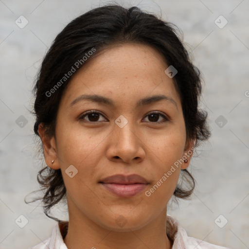 Joyful asian adult female with medium  brown hair and brown eyes