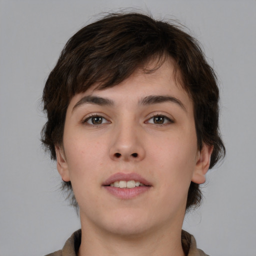 Neutral white young-adult female with medium  brown hair and brown eyes