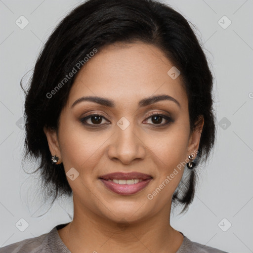 Joyful latino young-adult female with medium  brown hair and brown eyes