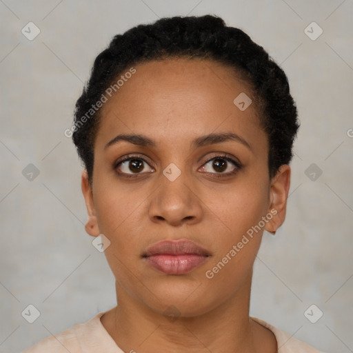 Neutral black young-adult female with short  black hair and brown eyes