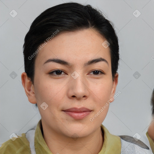 Joyful asian young-adult female with short  black hair and brown eyes