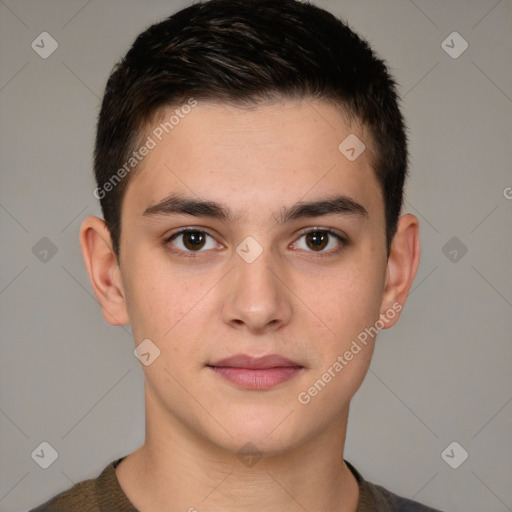 Neutral white young-adult male with short  brown hair and brown eyes