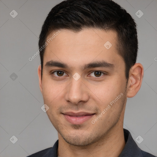 Joyful white young-adult male with short  brown hair and brown eyes