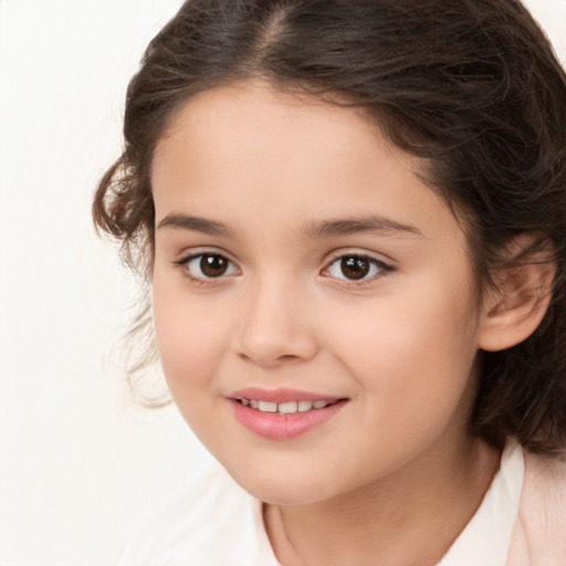 Joyful white child female with medium  brown hair and brown eyes