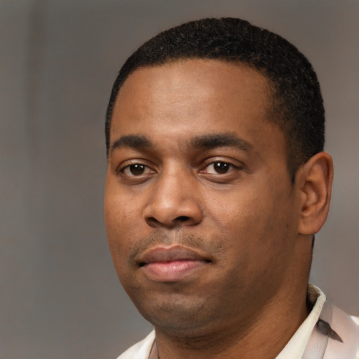 Neutral black young-adult male with short  black hair and brown eyes