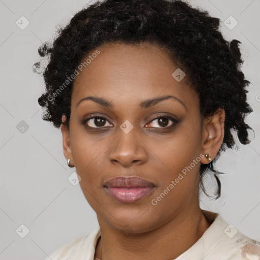 Neutral black young-adult female with short  black hair and brown eyes