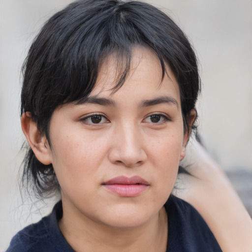 Neutral asian young-adult female with medium  brown hair and brown eyes