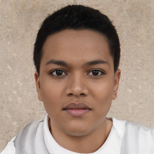 Neutral latino young-adult female with short  black hair and brown eyes