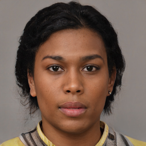 Neutral latino young-adult female with medium  black hair and brown eyes