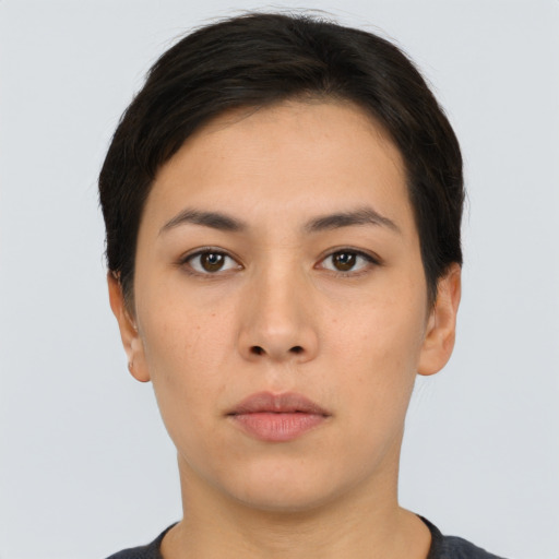 Neutral asian young-adult female with short  black hair and brown eyes