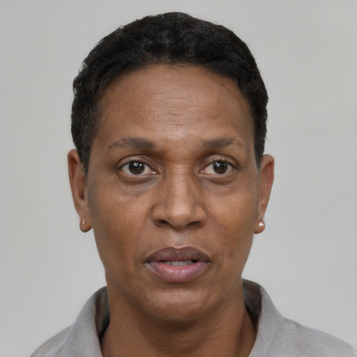 Neutral black adult female with short  black hair and brown eyes