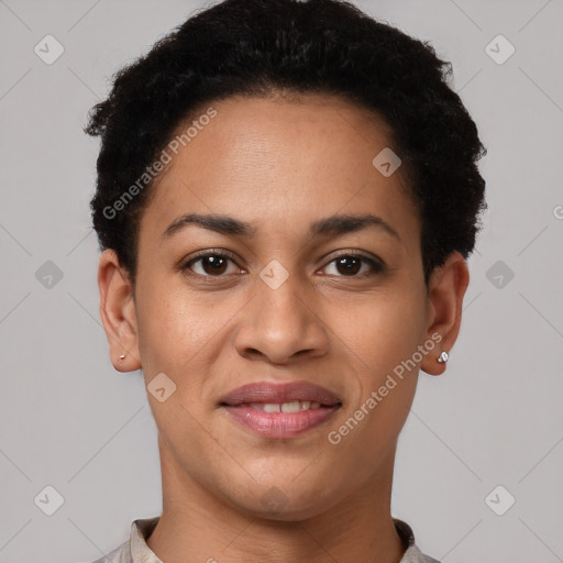 Joyful latino young-adult female with short  black hair and brown eyes