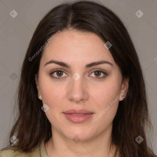 Neutral white young-adult female with medium  brown hair and brown eyes