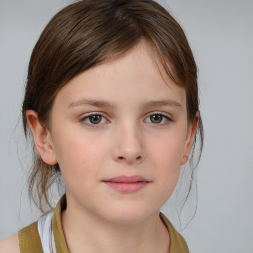 Neutral white child female with medium  brown hair and grey eyes