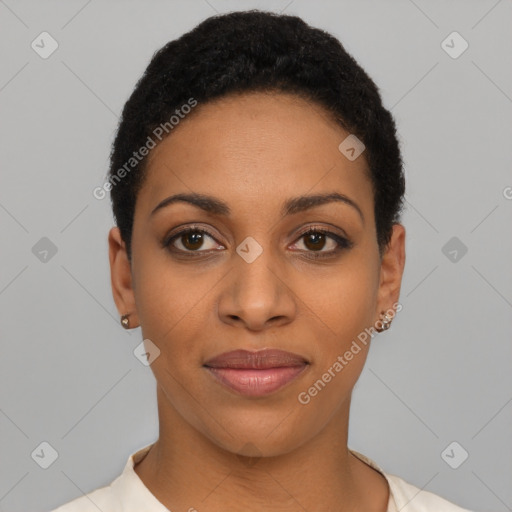 Joyful latino young-adult female with short  black hair and brown eyes