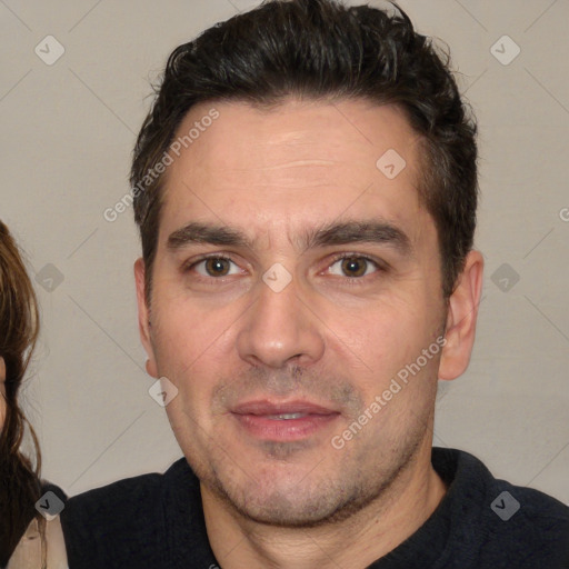 Neutral white adult male with short  brown hair and brown eyes