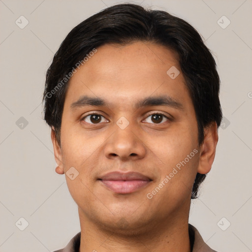 Neutral latino young-adult male with short  brown hair and brown eyes