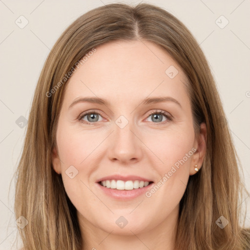 Joyful white young-adult female with long  brown hair and grey eyes