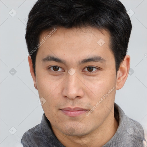 Neutral asian young-adult male with short  brown hair and brown eyes