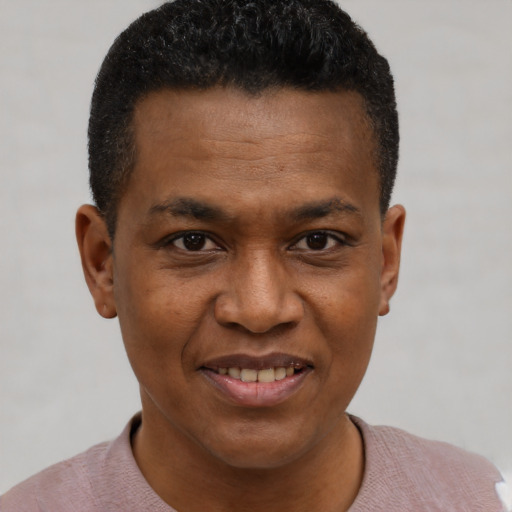 Joyful black young-adult male with short  brown hair and brown eyes