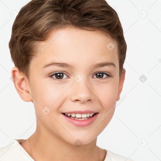 Joyful white child female with short  brown hair and brown eyes