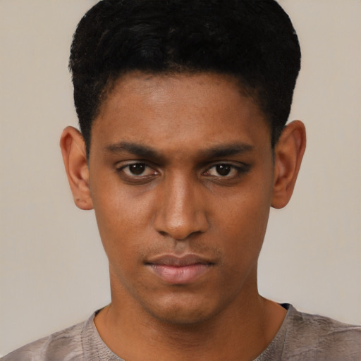 Neutral white young-adult male with short  black hair and brown eyes