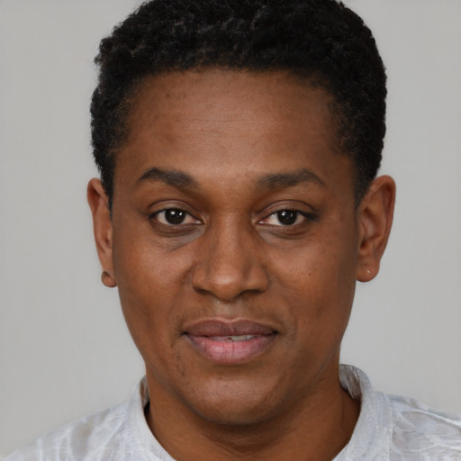 Joyful latino adult male with short  black hair and brown eyes