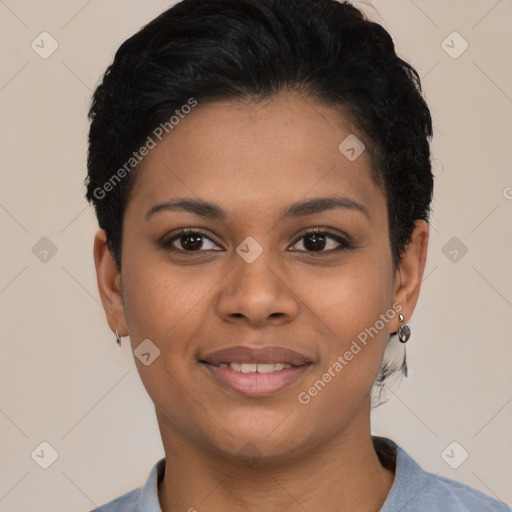 Joyful latino young-adult female with short  black hair and brown eyes