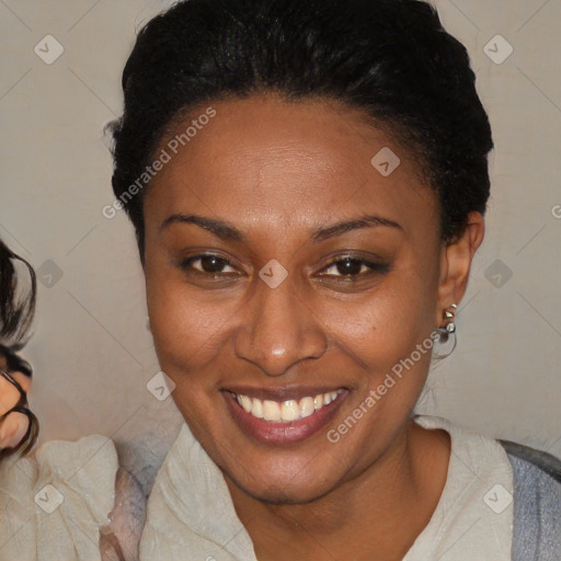 Joyful black young-adult female with medium  brown hair and brown eyes