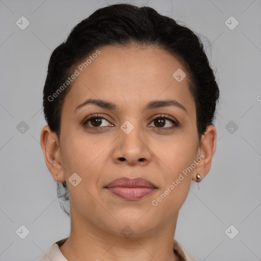 Joyful latino young-adult female with short  brown hair and brown eyes