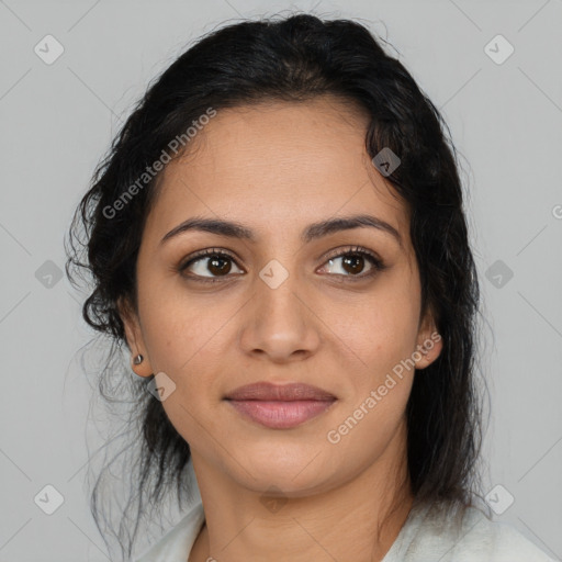 Joyful latino young-adult female with medium  brown hair and brown eyes