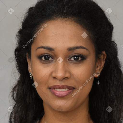 Joyful black young-adult female with long  brown hair and brown eyes