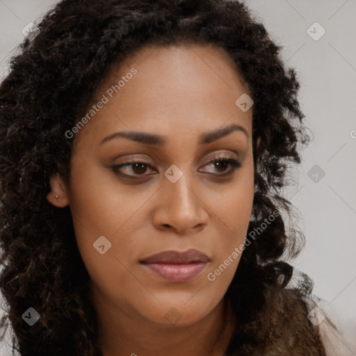 Joyful black young-adult female with long  brown hair and brown eyes