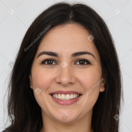 Joyful white young-adult female with long  brown hair and brown eyes