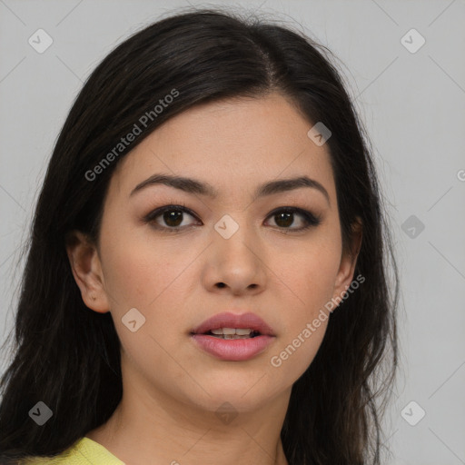 Neutral asian young-adult female with long  brown hair and brown eyes