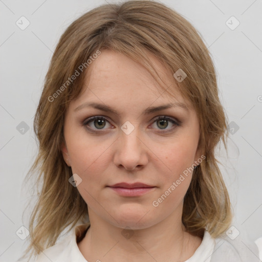 Neutral white young-adult female with medium  brown hair and grey eyes