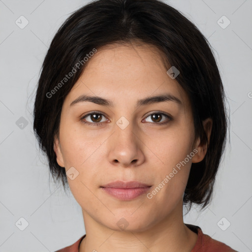 Neutral white young-adult female with medium  brown hair and brown eyes