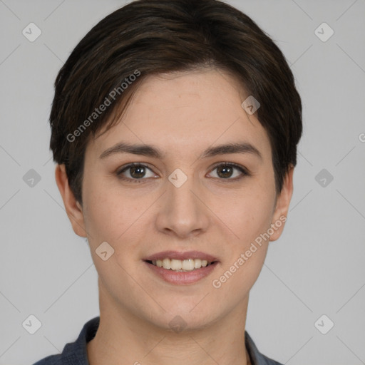 Joyful white young-adult female with short  brown hair and brown eyes