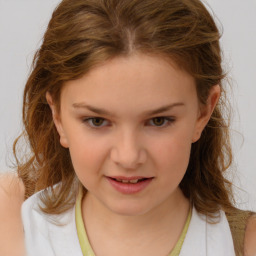 Joyful white child female with medium  brown hair and brown eyes