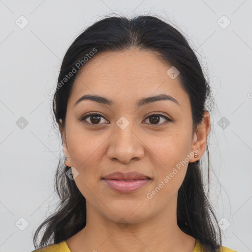 Joyful asian young-adult female with medium  brown hair and brown eyes