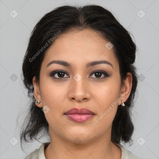 Joyful latino young-adult female with medium  brown hair and brown eyes