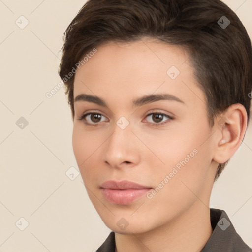 Neutral white young-adult female with short  brown hair and brown eyes