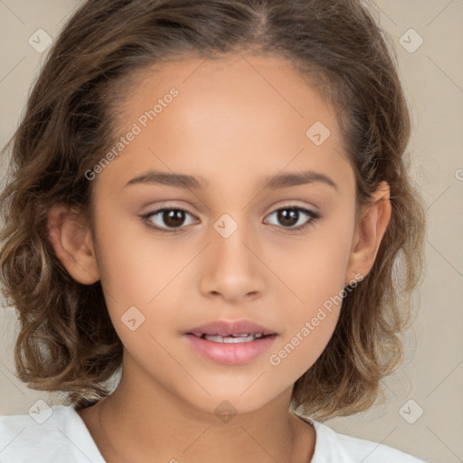 Joyful white child female with medium  brown hair and brown eyes