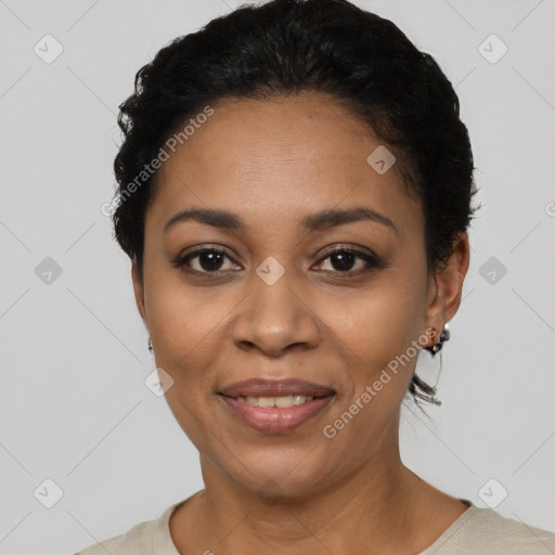 Joyful latino young-adult female with short  black hair and brown eyes