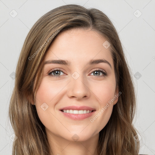 Joyful white young-adult female with long  brown hair and grey eyes