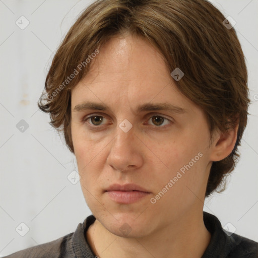 Neutral white young-adult female with medium  brown hair and brown eyes